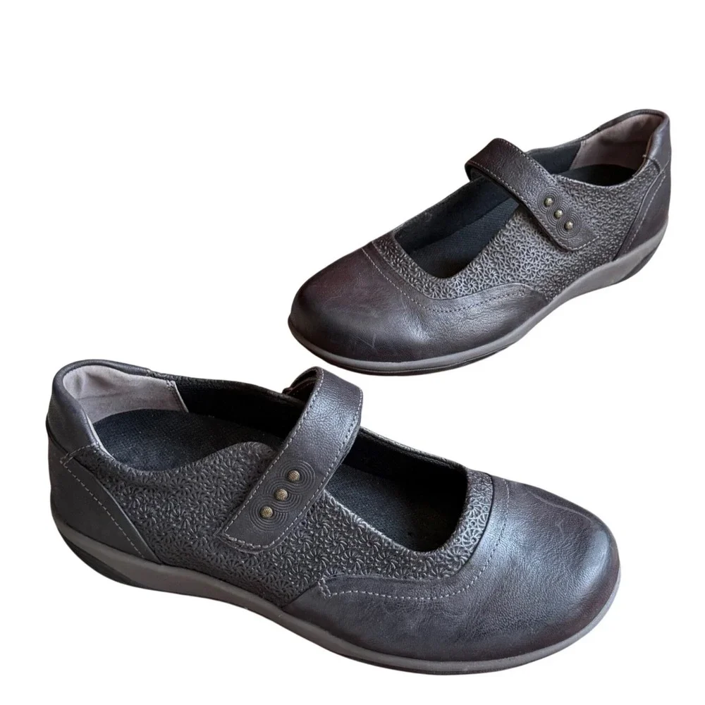 Halsa Aloe Embossed Mary Jane Comfort Shoes Womens 11W Black Leather Soft Casual